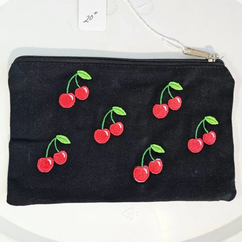 Double-sided Embroidered Red Cherry Black Canvas Zipper Cosmetic Clutch Bag
